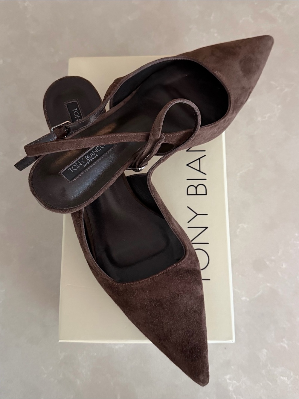 Tony Bianco Crush Espresso Brown Suede Slingback Kitten Heels